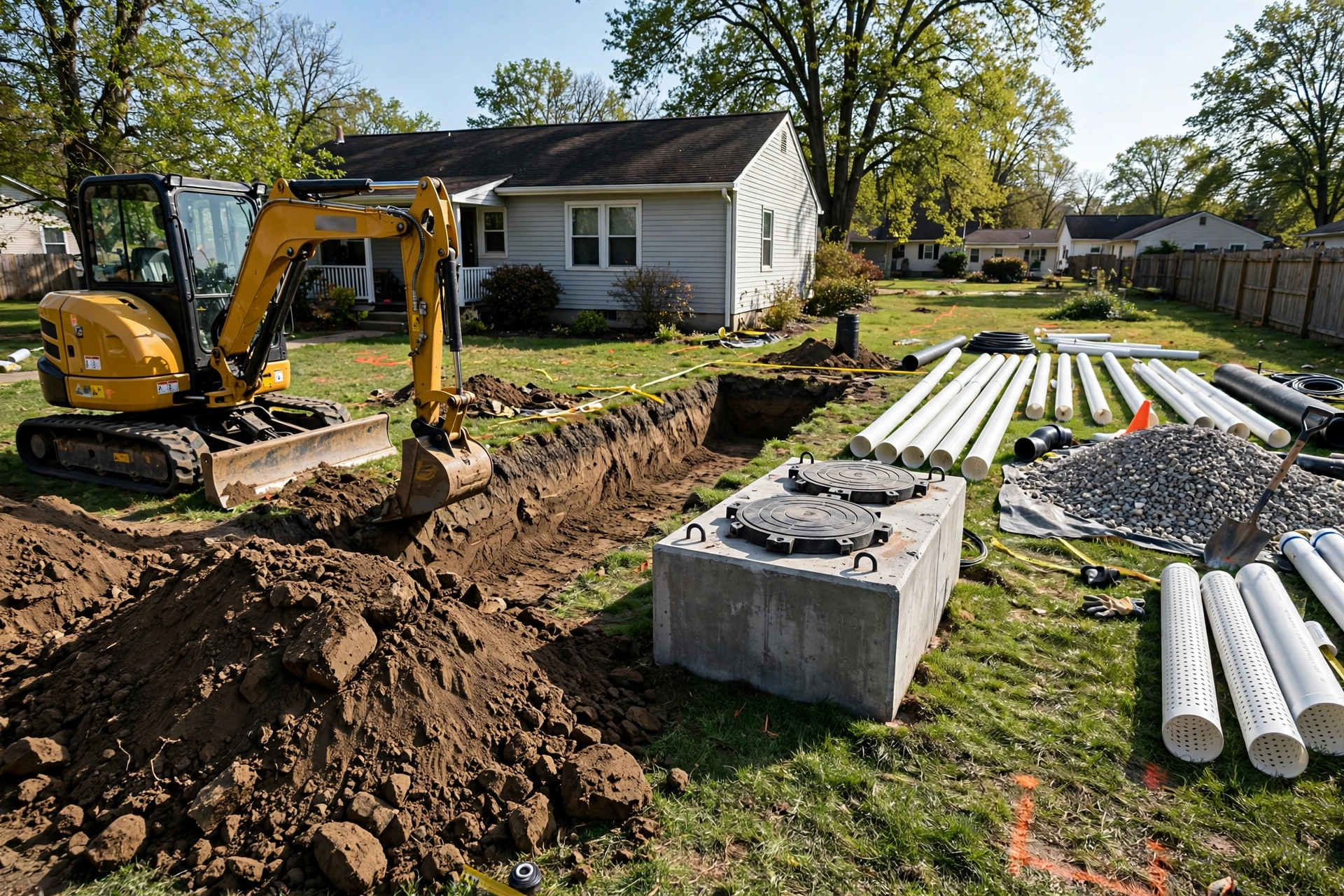 Excavator digging a drainfield trench beside a new precast concrete septic tank during a residential installation